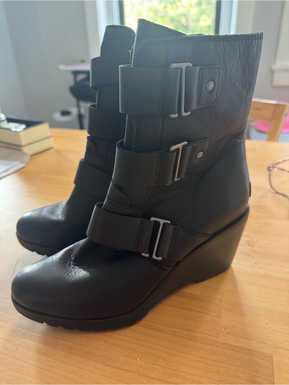 Sorel Black After Hours Leather Wedge Ankle Boots with Triple Buckle Straps
